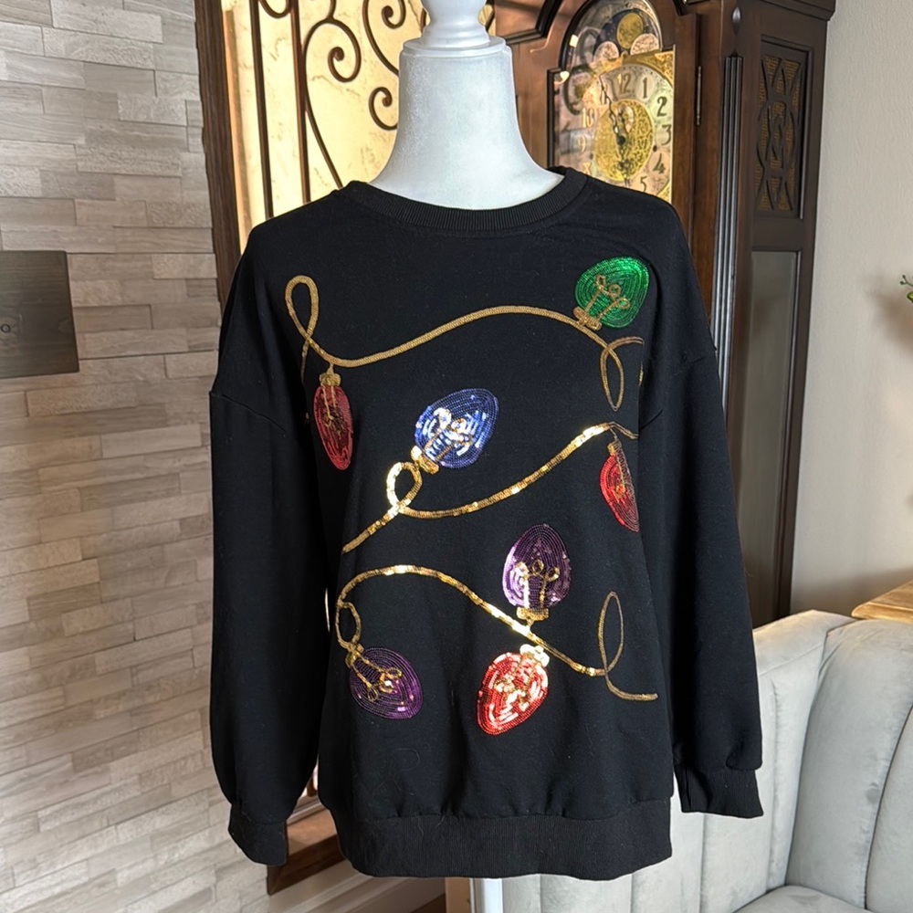 Festive Black Sweater with Colorful Sequin Lights